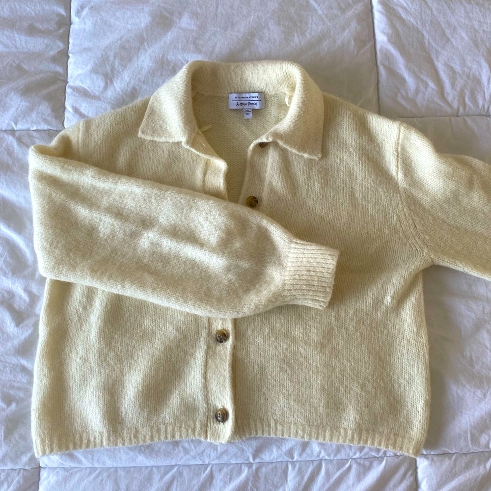 & Other Stories Cream button down wool knit cardigan with balloon sleeves - Picture 4 of 10